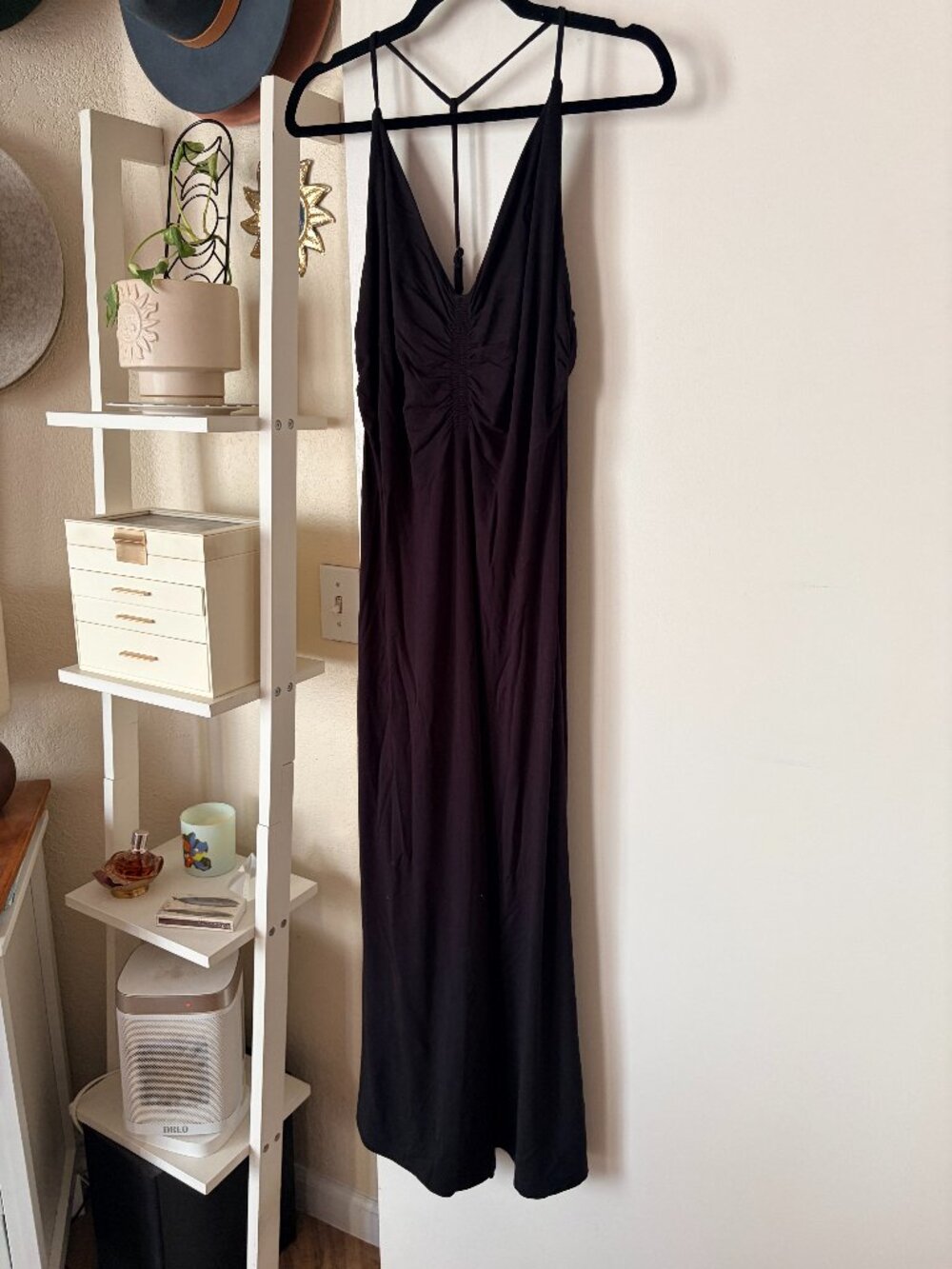 Z Supply Black Maxi Dress Deep V Ruched T-Back Strap XL